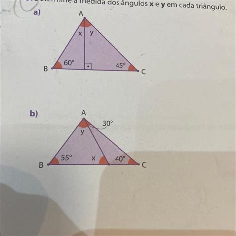 3 Determine a medida dos ângulos x e y em cada triângulo brainly br