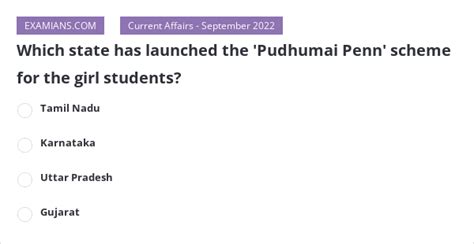 Which State Has Launched The Pudhumai Penn Scheme For The Girl