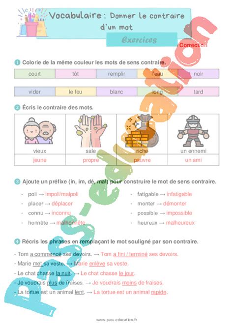 Donner Le Contraire D Un Mot Exercices De Vocabulaire Eme Primaire