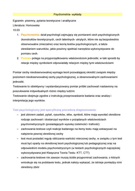 Psychometria wykład Notatki Psychometria wykłady Egzamin pisemny