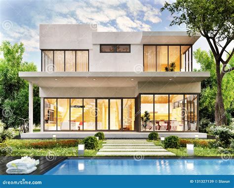 Modern House White With Swimming Pool Stock Image Image Of Garden