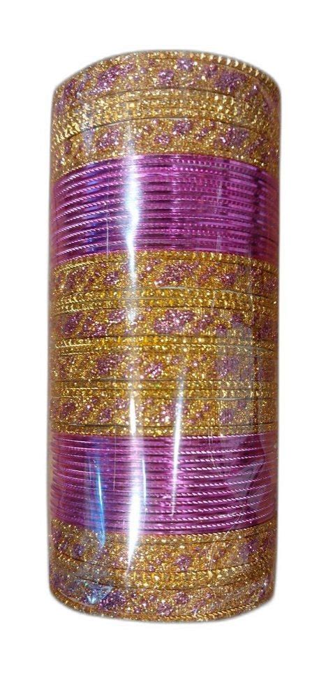 Pink And Golden Party Wear 2inch Purple Metal Bangles Set Size 2inch