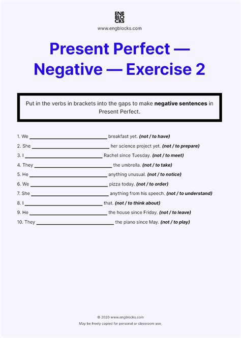 Present Perfect Negative Sentences Worksheet Esl Present