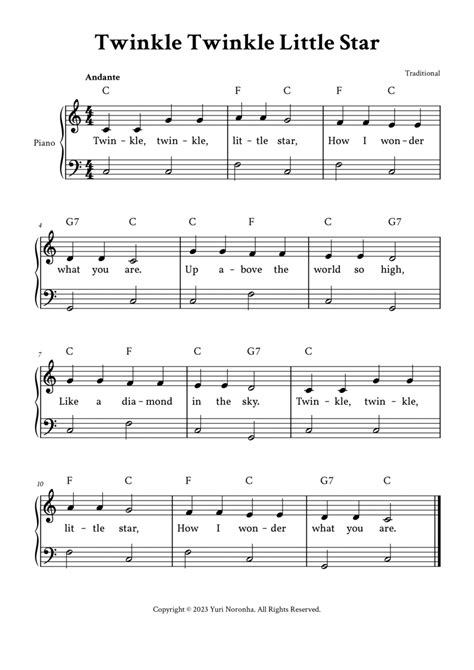 Twinkle Twinkle Little Star Easy Piano In C With Lyrics By Traditional Piano Method