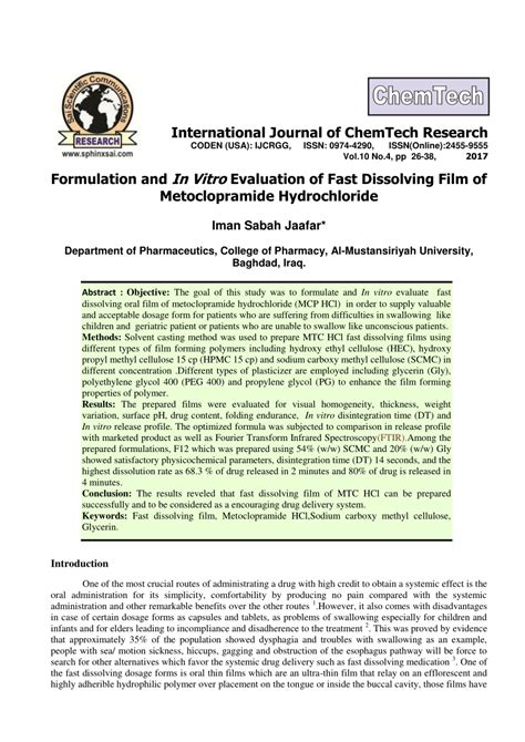 Pdf Formulation And In Vitro Evaluation Of Fast Dissolving Film Of