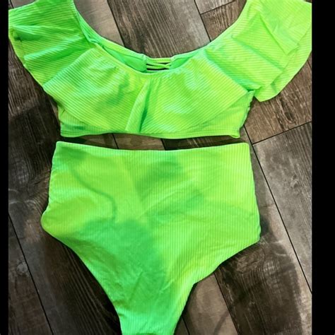 Tinibikini Swim Tini Bikini Neon Ribbed High Waist Off Shoulder