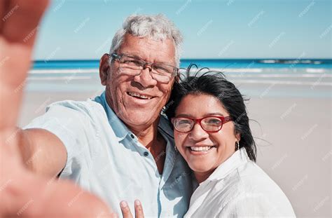 Premium Photo Portrait Selfie And Elderly Couple At A Beach For