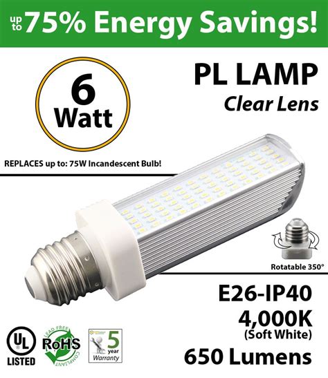 6W PL LED Bulb lamp, 650Lm, 4000K, E26, IP40, UL. (Rotatable 350 Degrees). Direct Line (Remove ...