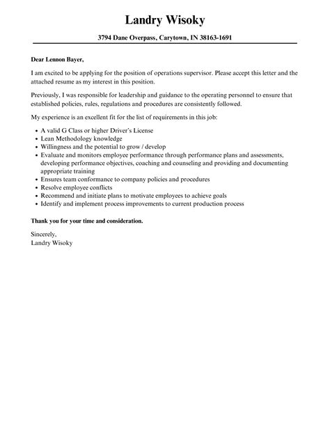 Operations Supervisor Cover Letter Velvet Jobs