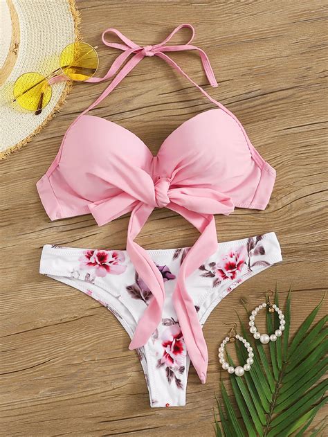 SHEIN Swim Vcay Ensemble de bikini à imprimé floral à nœud soutien