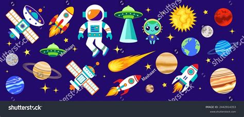 Space Vector Set Cute Cartoon Illustration With Astronaut Spaceship