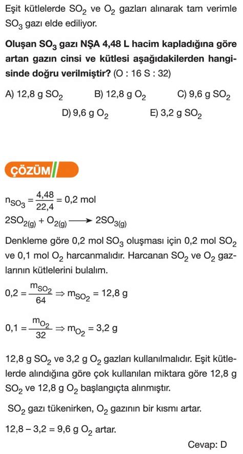 Kimyasal Tepkimelerde Hesaplamalar Sorular Ve Z Mleri S N F