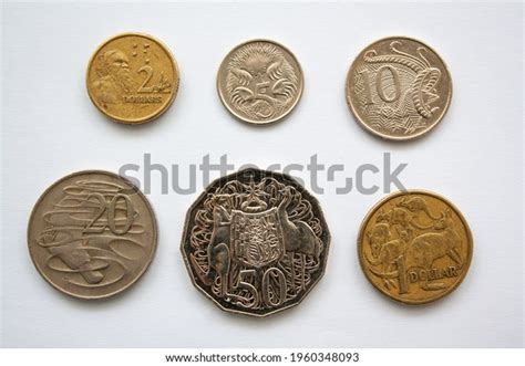 Australian Dollar Coins Of Different Value From 5 Cents To 2 Dollars Coins Featuring Kangaroos