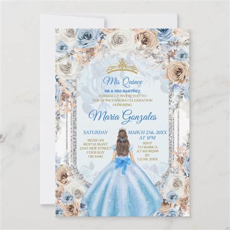 Dusty Blue Gold Floral Mis Xv Anos Invitation Zazzle Invitations