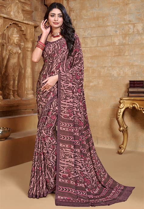 Digital Printed Crepe Saree In Dark Old Rose Sew