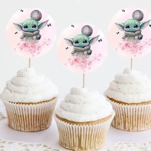 Pink Baby Yoda Cupcake Toppers Grogu Printable Cupcake Topper Star