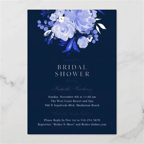 Navy Blue Watercolor Floral Bridal Shower Foil Invitation Zazzle