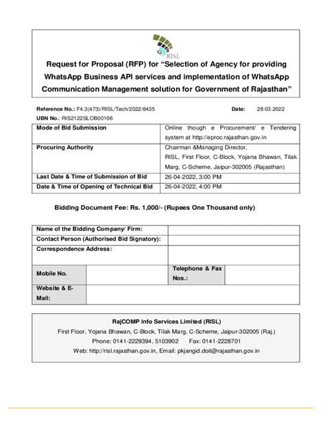 Fillable Online Risl Rajasthan Gov Request For Proposal Rfp