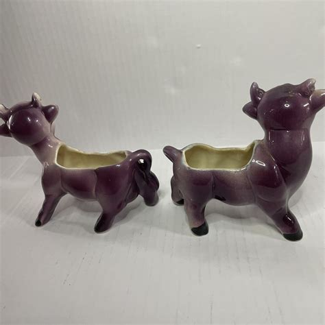 Vintage Ceramic Purple Cow Bull Planter Farmhouse Country Decor Lot Of