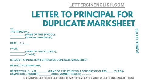 Application Letter To Principal For Duplicate Marksheet Duplicate