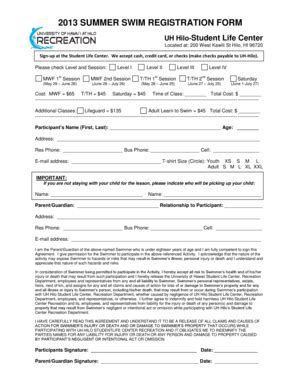 Fillable Online Hilo Hawaii Summer Swim Registration Form