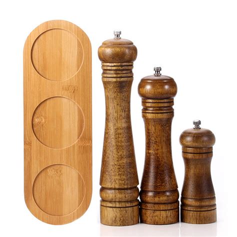 3PCS Traditional Wooden Salt And Pepper Grinder Set With Tray Etsy