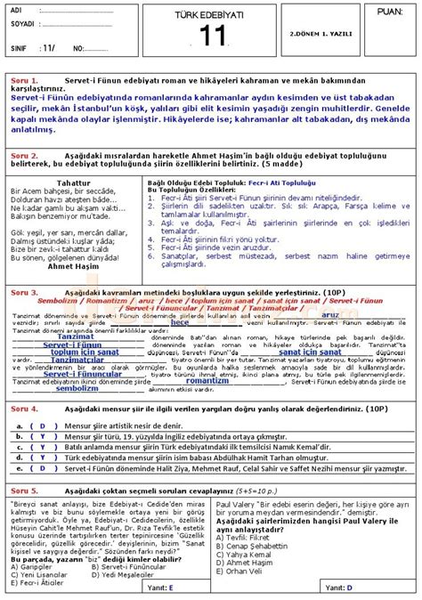 11 Sınıf Türk Edebiyatı dersi 2 dönem 1 yazılı sınav soruları ve cevapları