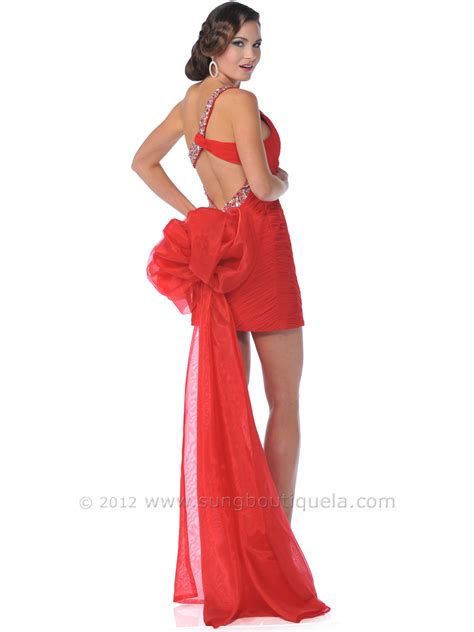 Red One Shoulder Jeweled Bodice Open Back Short Evening Dress Sung