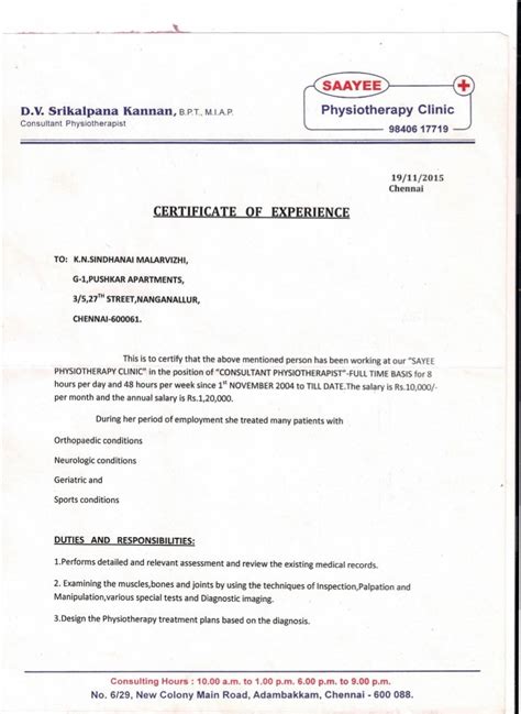 Nurse Experience Certificate Format