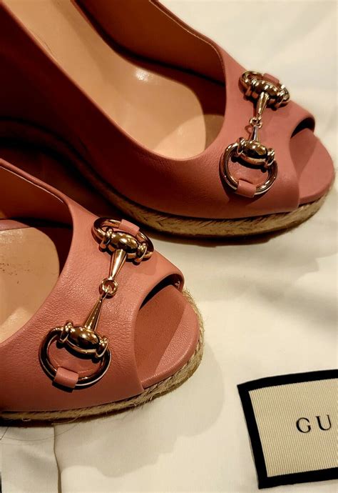 Gucci Leather Pink Platform Wedge Sandals Shoes Gem