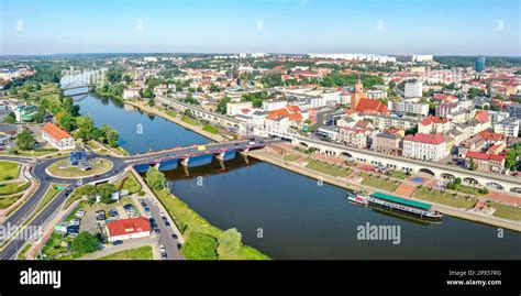 Aerial view of Gorzów Wielkopolski town city panorama at river Warta