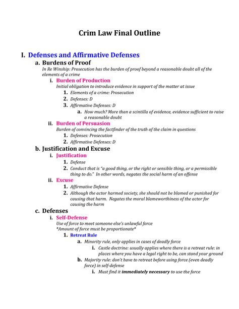 Crim Law Final Outline Defenses And Affirmative Defenses A Burdens