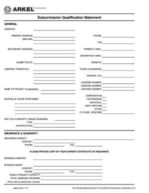 Fillable Online Subcontractor Qualification Form Arkel Constructors