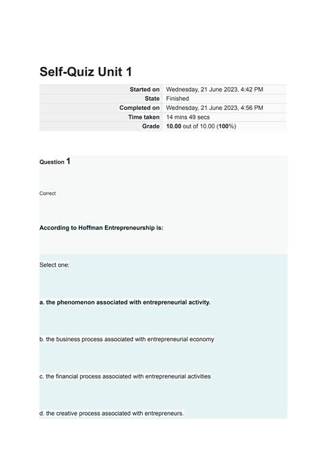 SOLUTION Self Quiz Unit 1 Bus 4401 01 Entrepreneurship 2 Studypool