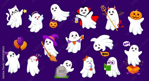 Cartoon Kawaii Halloween Ghosts Characters Isolated Vector Set Of Cute Smiling Spooks Flying