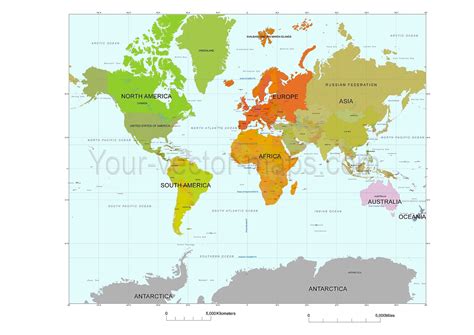 Mercator World Map Colored By Continents Original Vector Map Map