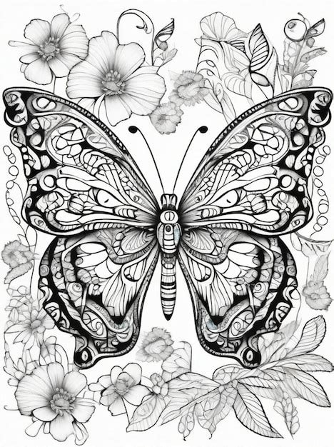 Premium Photo Coloring Page For Adults Floral Butterflies