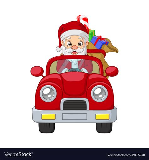 Cartoon Santa Claus Driving A Red Car With Sack Vector Image