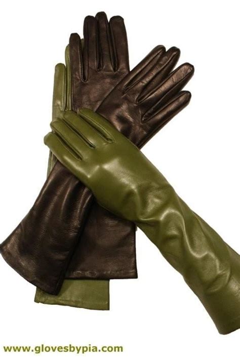 Long Olive Green And Black Leather Gloves With Silk Lining Leather