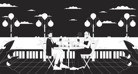 Romantic Restaurant Near Seaside Black And White Cartoon Flat