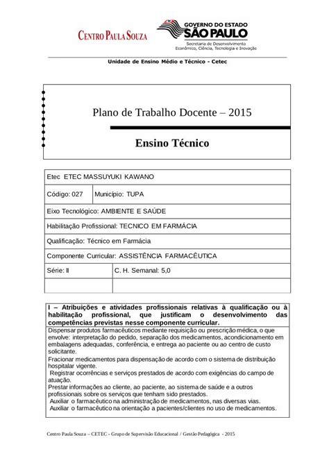 PDF Plano de Trabalho Docente 2015 ETEC Tupã Prof etectupa