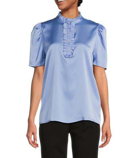 Karl Lagerfeld Paris Woven Short Sleeve Ruffle Mock Neck Top Dillards