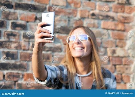 Portrait Of Young Woman Taking Selfie With New Eyeglasses Stock Image Image Of Camera Fashion