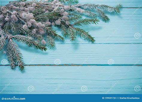 Les Branches De Sapins Dans La Neige Sur Le Sol En Bois Bleu Image