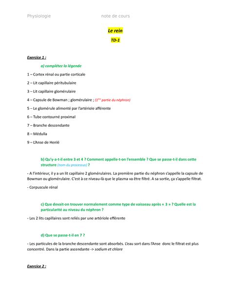 TD1 Le Rein Physiologie Note De Cours Le Rein TD Exercice 1 A