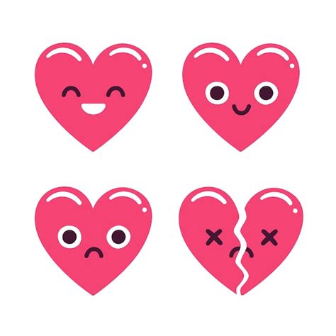 Conjunto de corações de emoticon bonito dos desenhos animados felizes