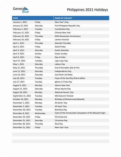 2021 Philippines List Of Holidays In Pdf Word And Excel