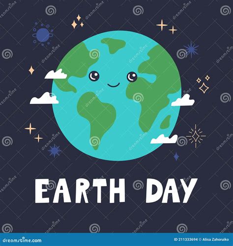 Earth Day Banner Cute Happy Smiling Planet With Clouds And Stars Stock