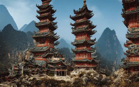 Twin Chinese Buddhist Pagodas Made Of Stone In A Stable Diffusion