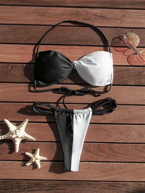 Conjunto De Bikini Negro Y Blanco Con Detalle De Torsión Moda de Mujer SHEIN México